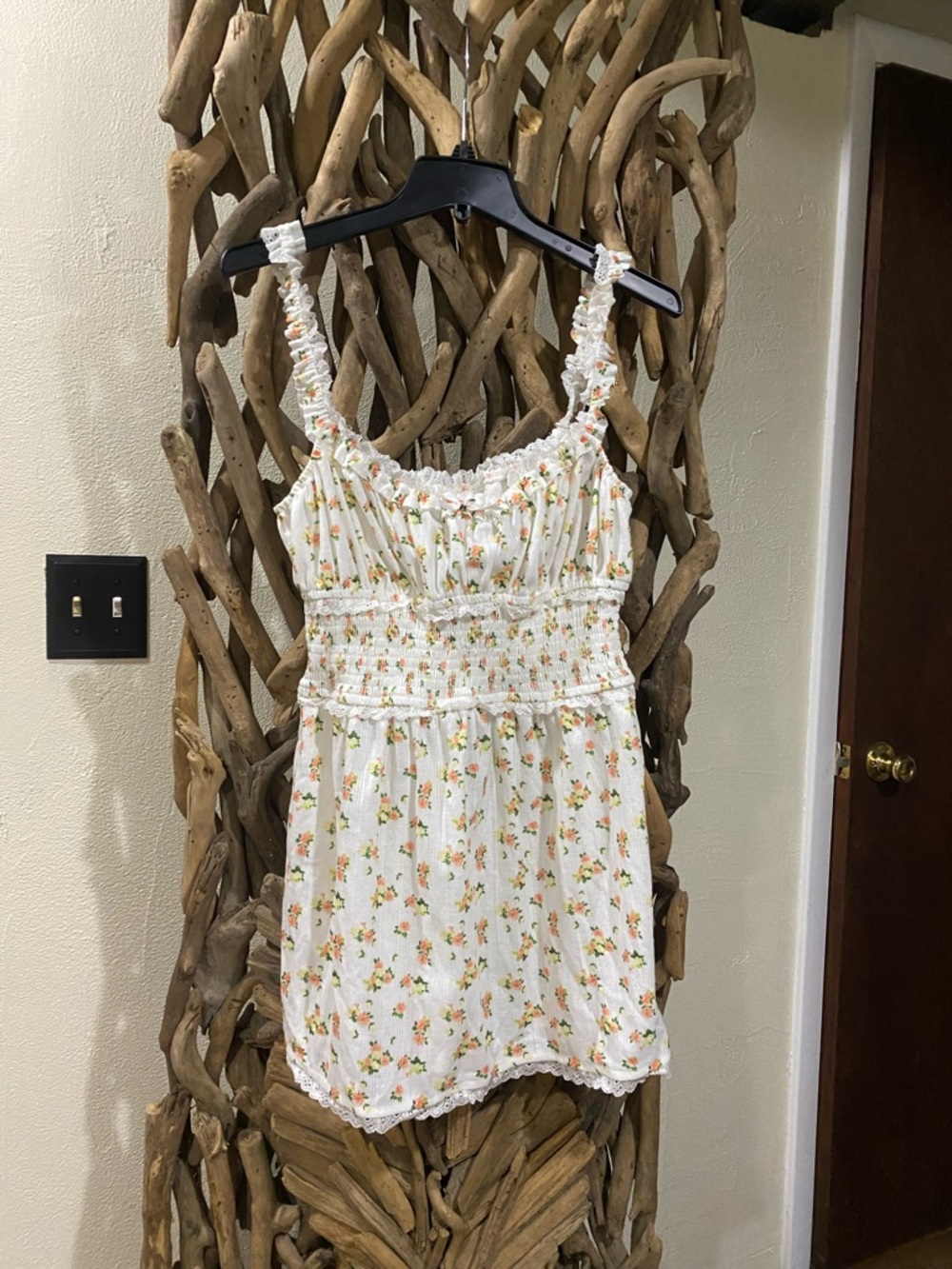 For Love And Lemons White Floral Smocked Slip with Orange & Green Print